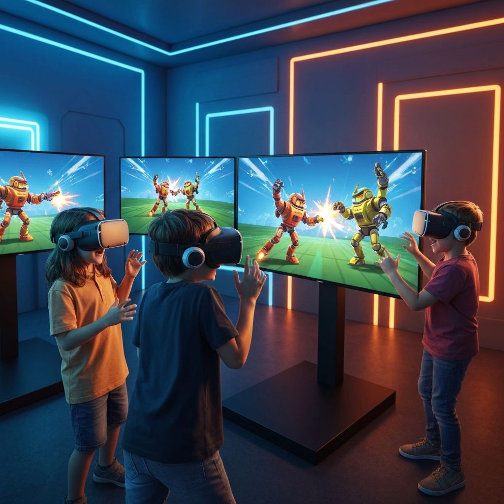 Діти у VR-шоломах грають у командну гру на RobotVR Arena